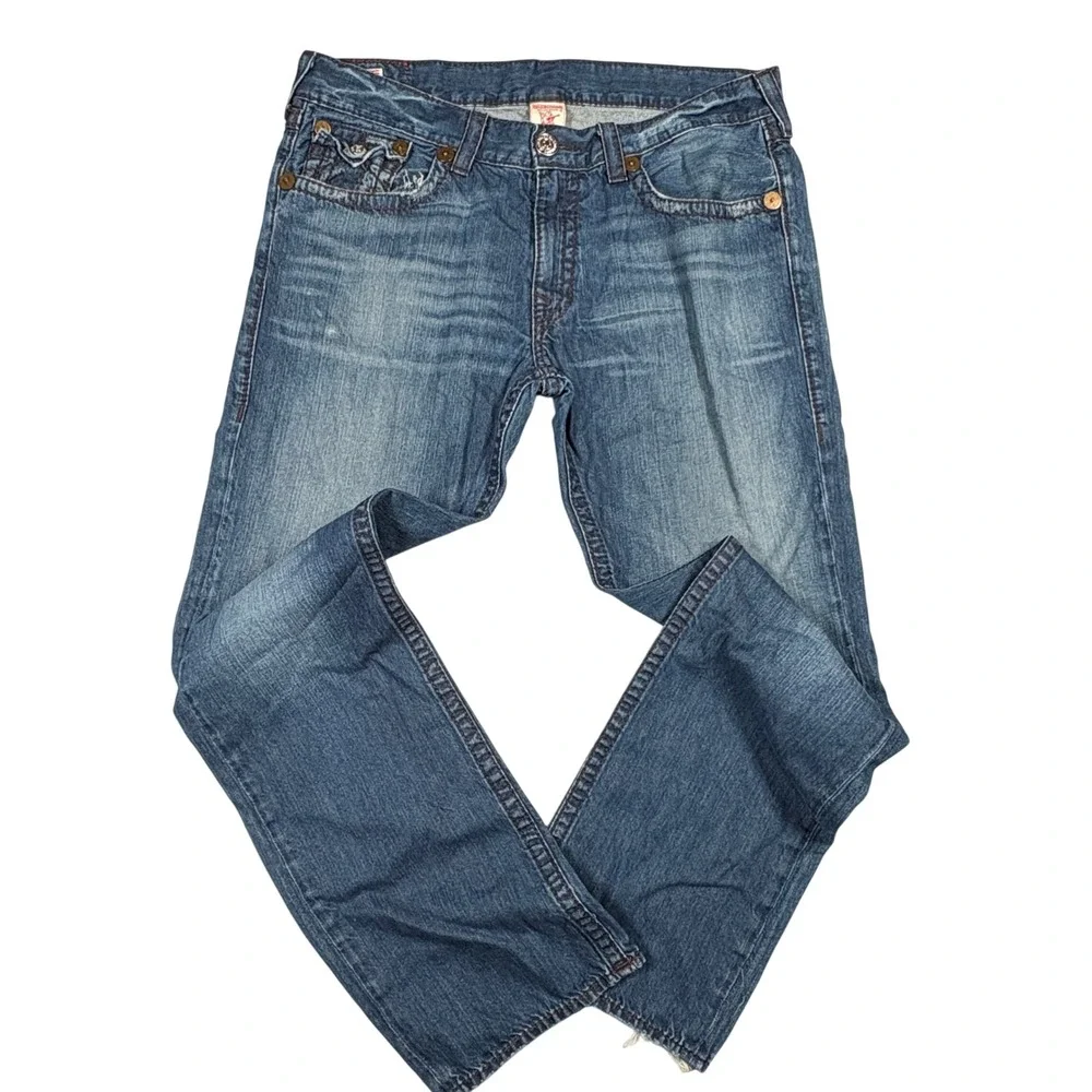 True Religion Jeans Mens 38x34 Ricky Big T Blue Straight Leg Contrast Stitch EUC